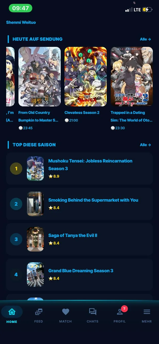 Anirova-Bildschirm „Heute auf Sendung“ mit Sendezeiten und der Liste der Top-Anime dieser Season