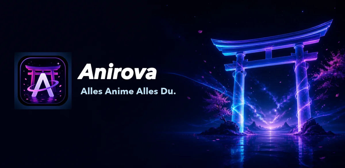 Anirova-Banner: App-Icon, Schriftzug „Anirova“, Claim „Alles Anime Alles Du.“ und ein leuchtendes Torii-Tor