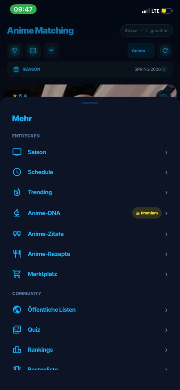 Menü „Mehr“ in Anirova mit Saison, Schedule, Trending, Anime-DNA, Zitaten, Rezepten, Quiz und Rankings