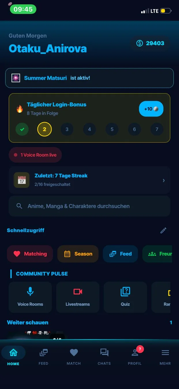 Startbildschirm von Anirova mit Login-Bonus, Schnellzugriff und Community-Pulse