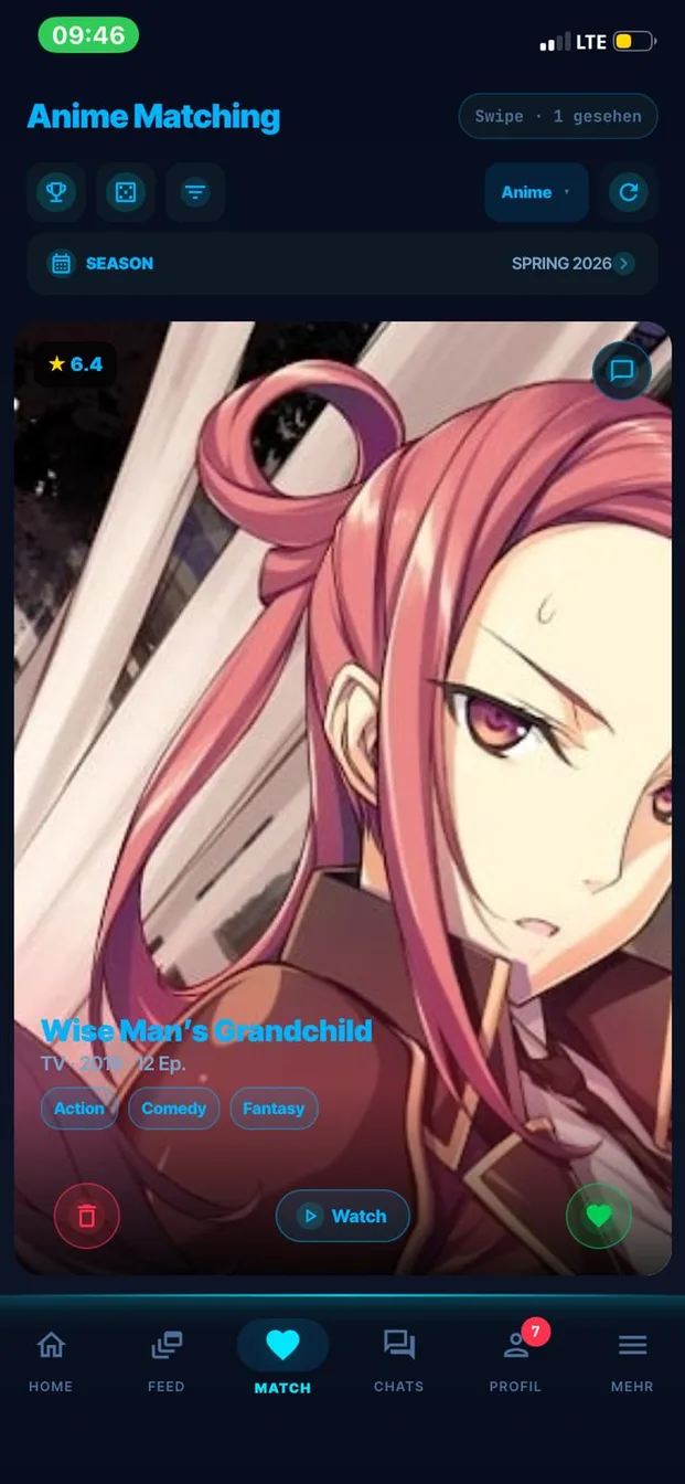 Anime-Matching in Anirova: Serie mit Bewertung, Genres und Wischgesten